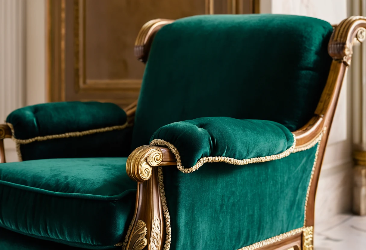 Close view of the emerald mohair velvet armrest and gilded carved frame of a classic hotel lobby armchair