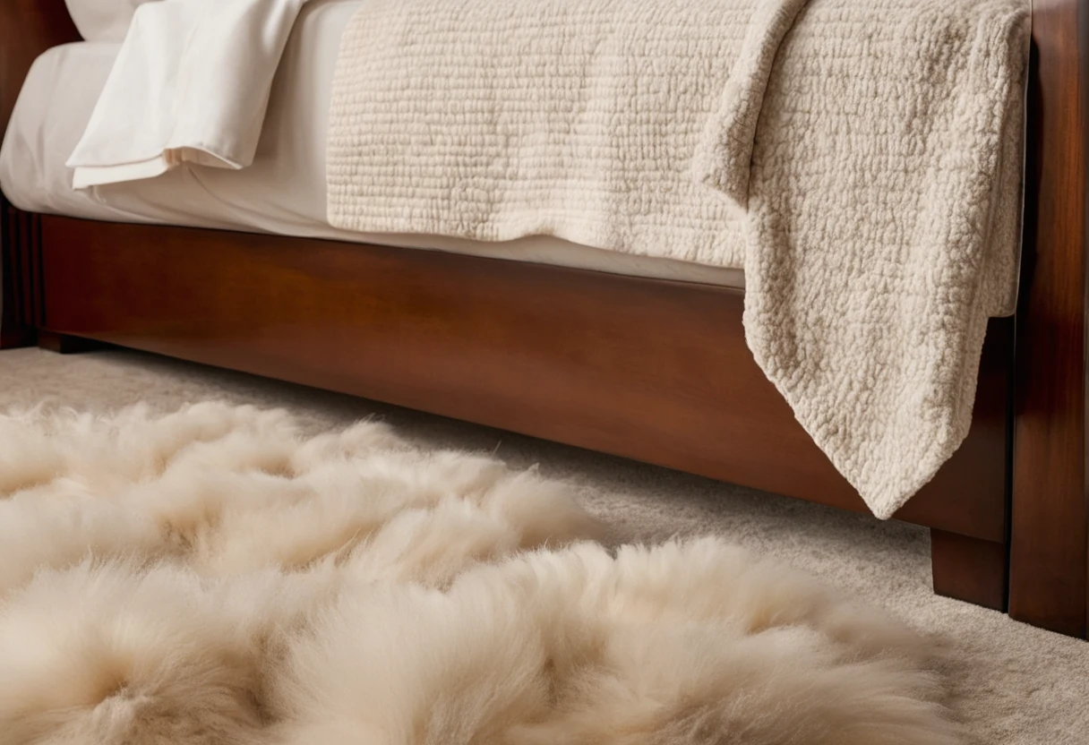 Morning light across the deep wool pile of a hand-tufted bedside rug at the foot of a hotel bed