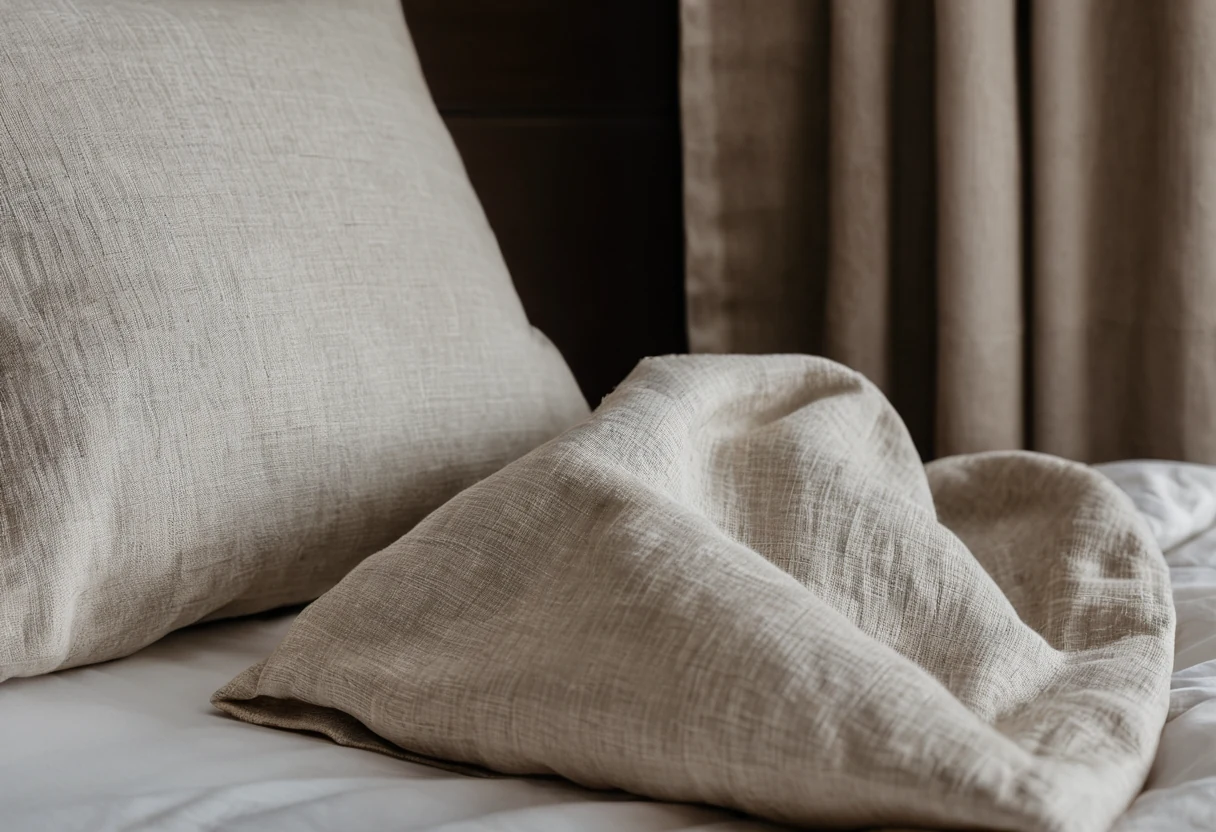 Macro detail of a washed linen pillowcase weave with soft morning light raking across the texture