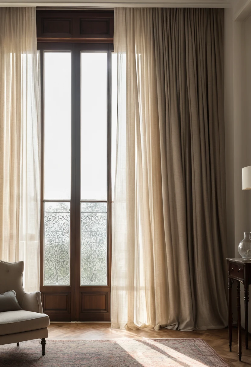 Backlit linen sheer curtain glowing in morning sun beside a heavier drapery layer at a tall window