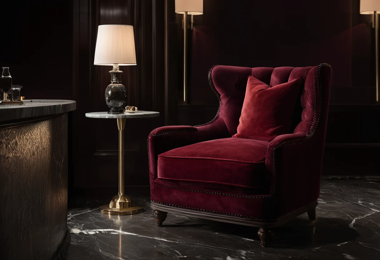 Deep burgundy velvet lounge chair in a dim hotel bar with a single warm spotlight
