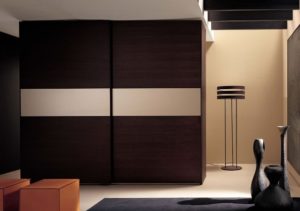 white-minimalist-bedroom-with-wall-mounted-dark-brown-and-beige-square-large-wooden-double-sliding-storage-wardrobe-and-brown-wooden-square-small-double-chairs-plus-black-squa