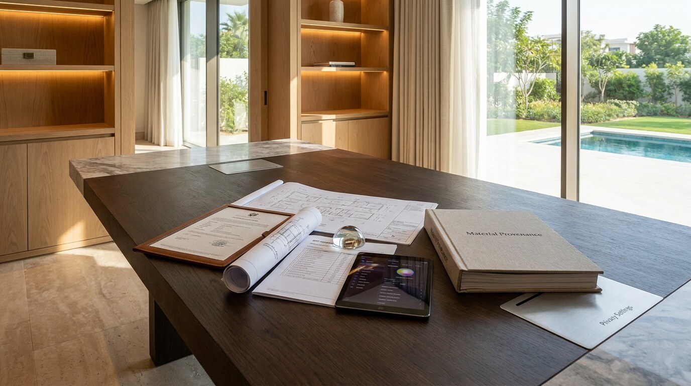 Dubai Luxury Interior Design Now: Provenance, Privacy, Craft, and Long Term Asset Value visual reference 2 showing provenance table with stone certificate, joinery drawing, MEP capacity sheet, and lighting scene schedule